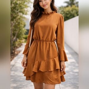 Rust Brown Ruffle Neck Long Sleeve Dress Size XL